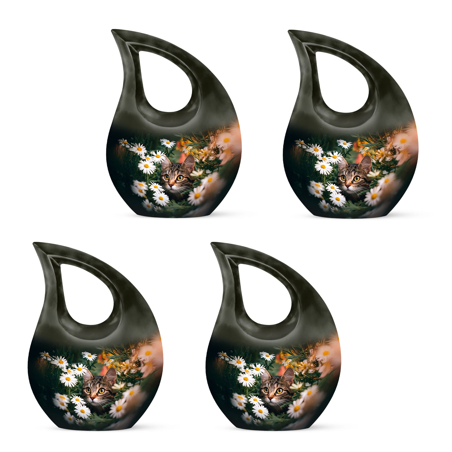 Hunter Green Daisy Cremation Urn lifestyle display on memorial shelf - faith-inspired cross-drop urn with daisy pattern - 10 inch aluminum urn for cremated remains