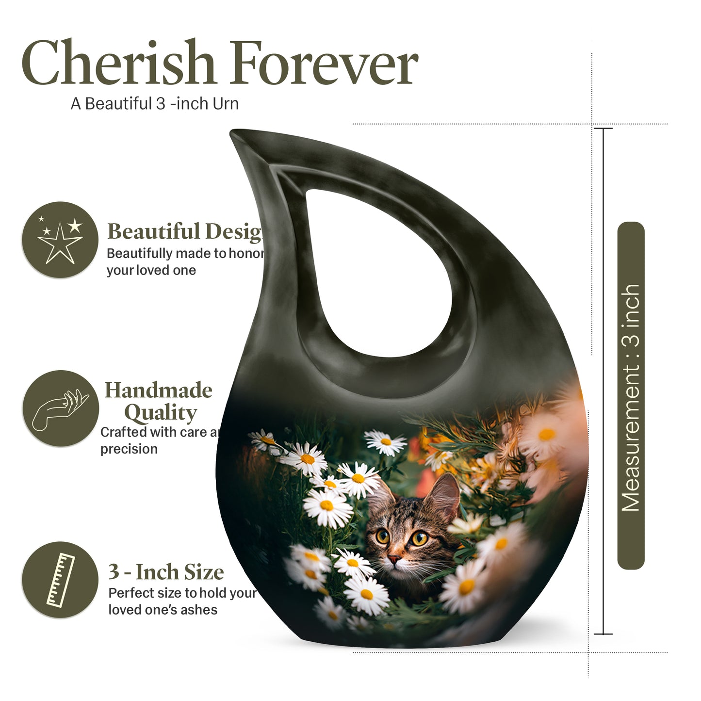 Jade Green Daisy Cremation Urn back view with polished surface - cross and daisy combined in spiritual memorial design - mini keepsake memorial for portion of cremation ashes