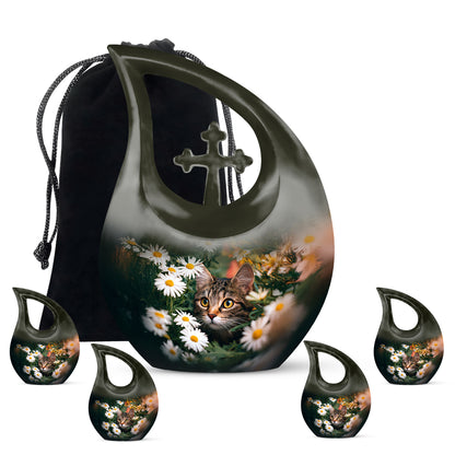 Emerald Green Daisy Cremation Urn urn with complimentary velvet bag - cross and daisy combined in spiritual memorial design - memorial set with one large and four small urns