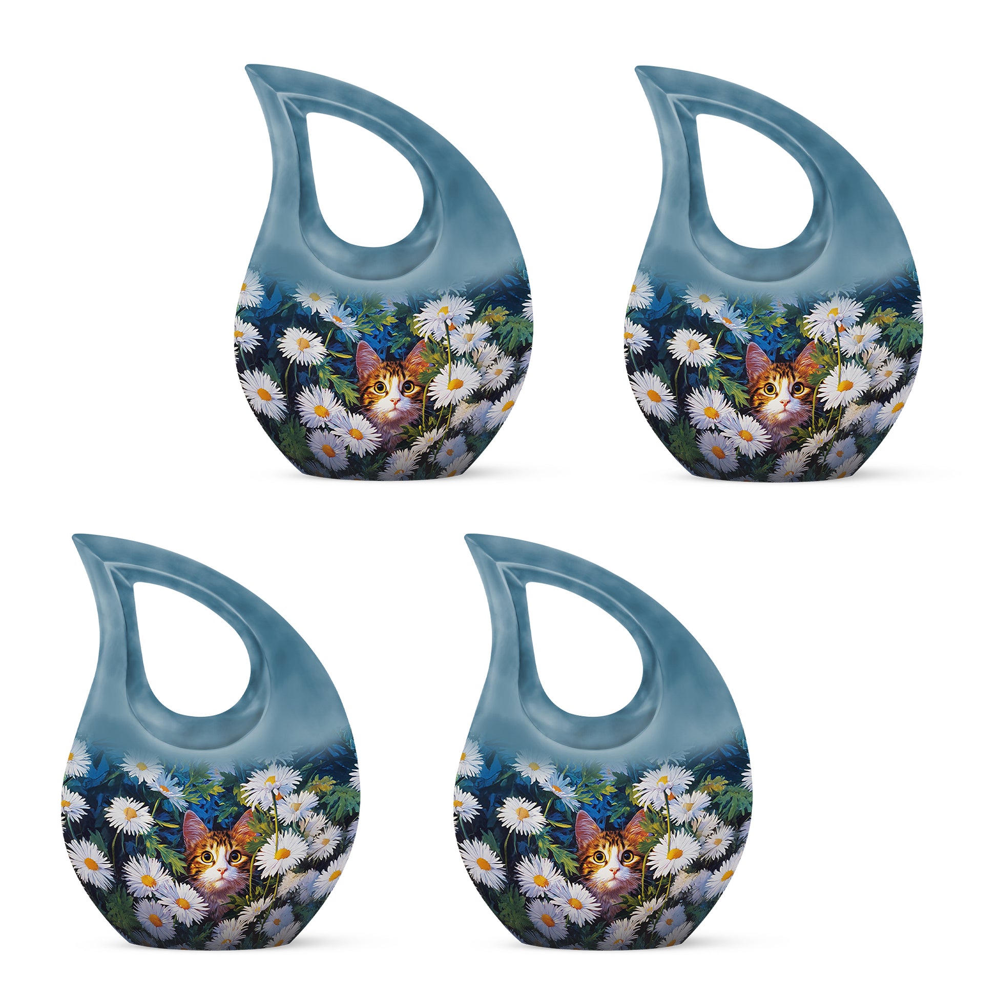 Azure Daisy Cremation Urn lifestyle display on memorial shelf - sacred cross merged with daisy motif on metal - 10 inch aluminum urn for cremated remains