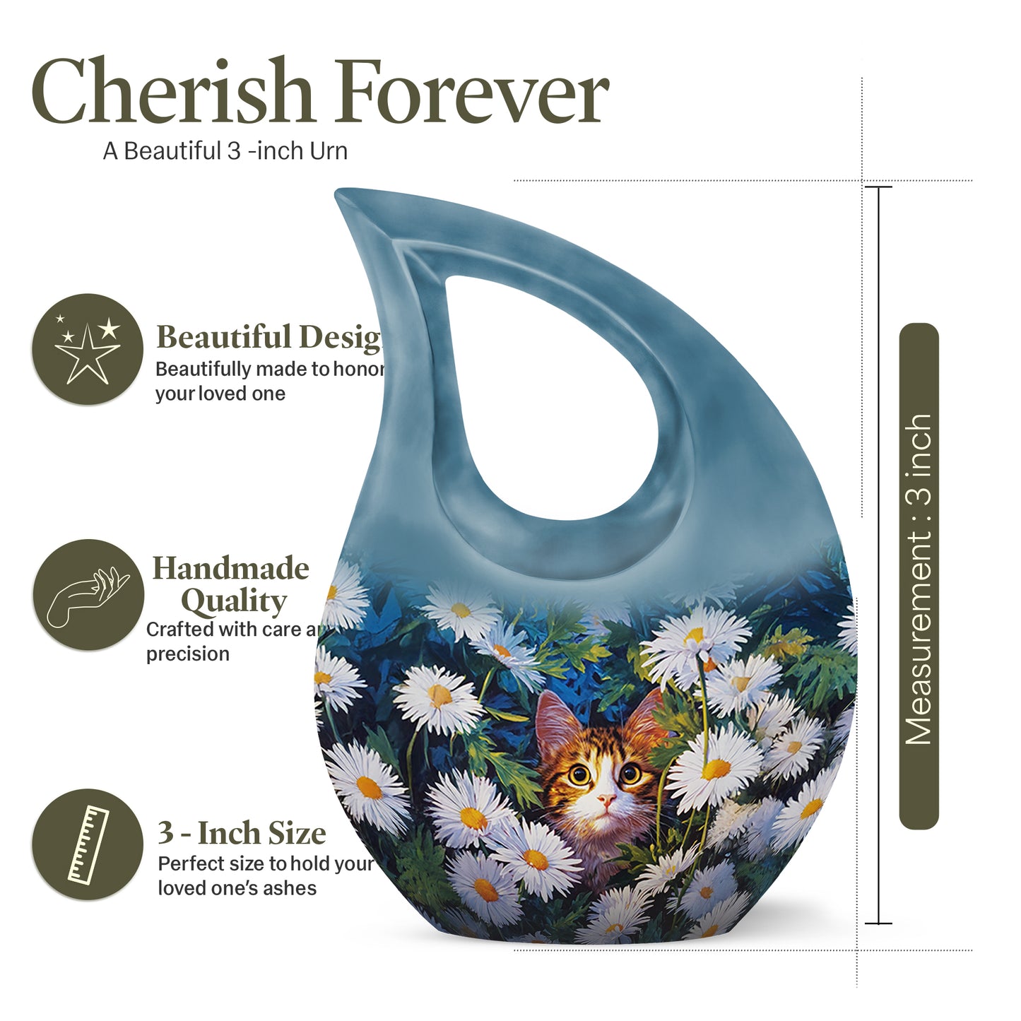 Royal Blue Daisy Cremation Urn back view with polished surface - faith-inspired cross-drop urn with daisy pattern - mini keepsake memorial for portion of cremation ashes