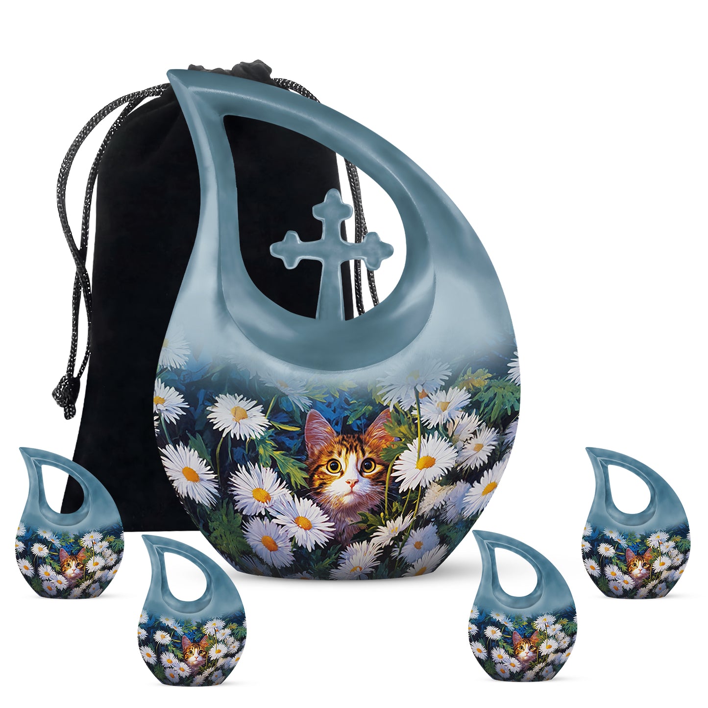 Steel Blue Daisy Cremation Urn urn with complimentary velvet bag - devotional cross-drop daisy engraving - memorial set with one large and four small urns