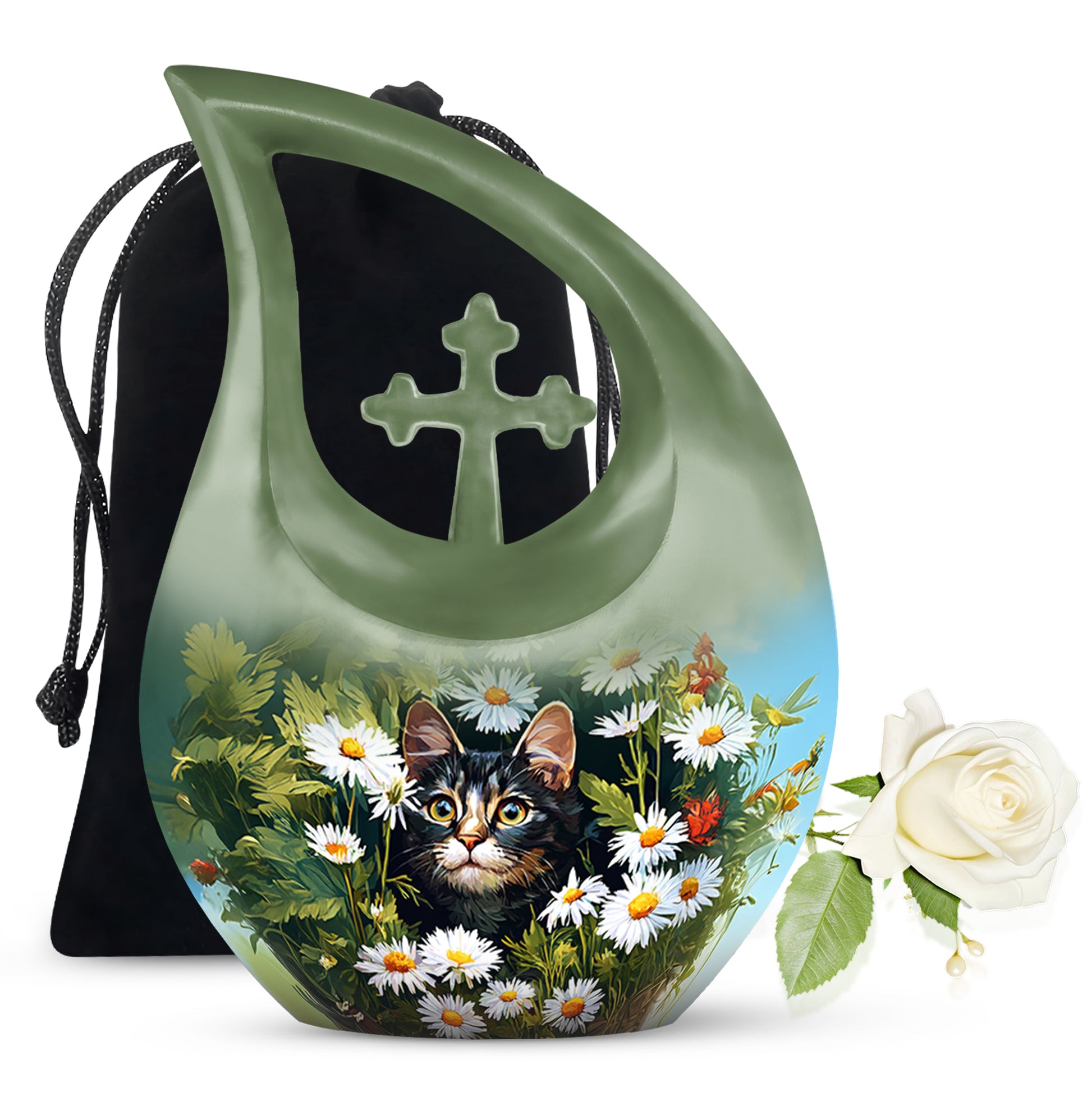 Soft Yellow Daisy Cremation Urn top-down view of secure threaded lid - faith-inspired cross-drop urn with daisy pattern - full-size 10 inch 200 cubic inch adult cremation urn