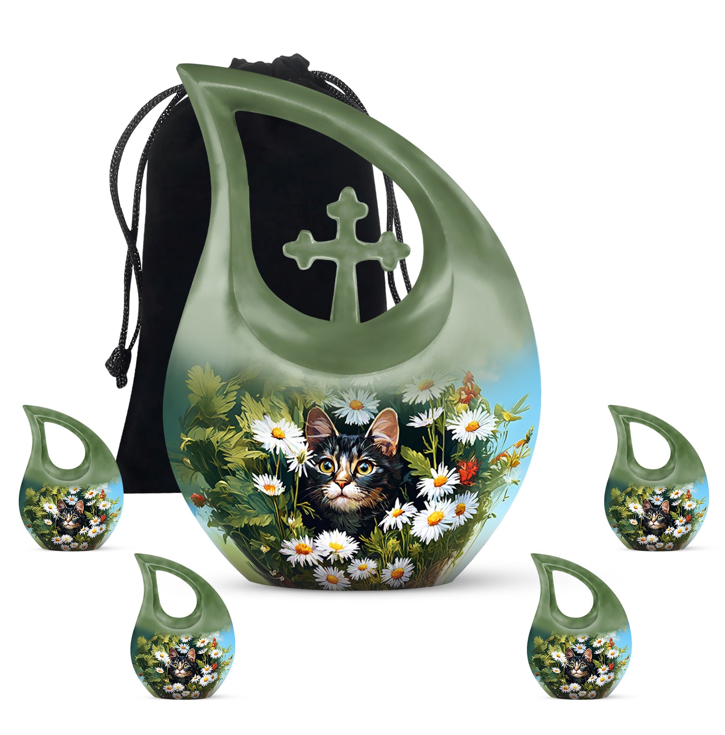 Amber Yellow Daisy Cremation Urn urn with complimentary velvet bag - sacred cross merged with daisy motif on metal - memorial set with one large and four small urns