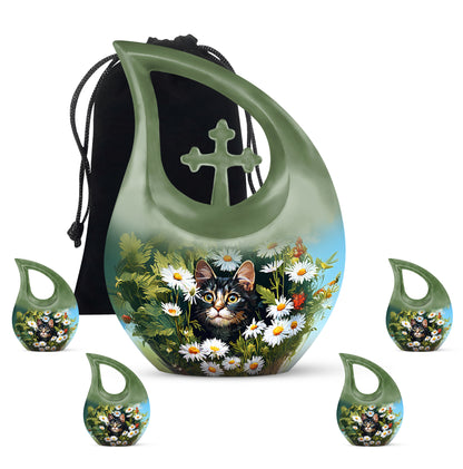 Amber Yellow Daisy Cremation Urn urn with complimentary velvet bag - sacred cross merged with daisy motif on metal - memorial set with one large and four small urns