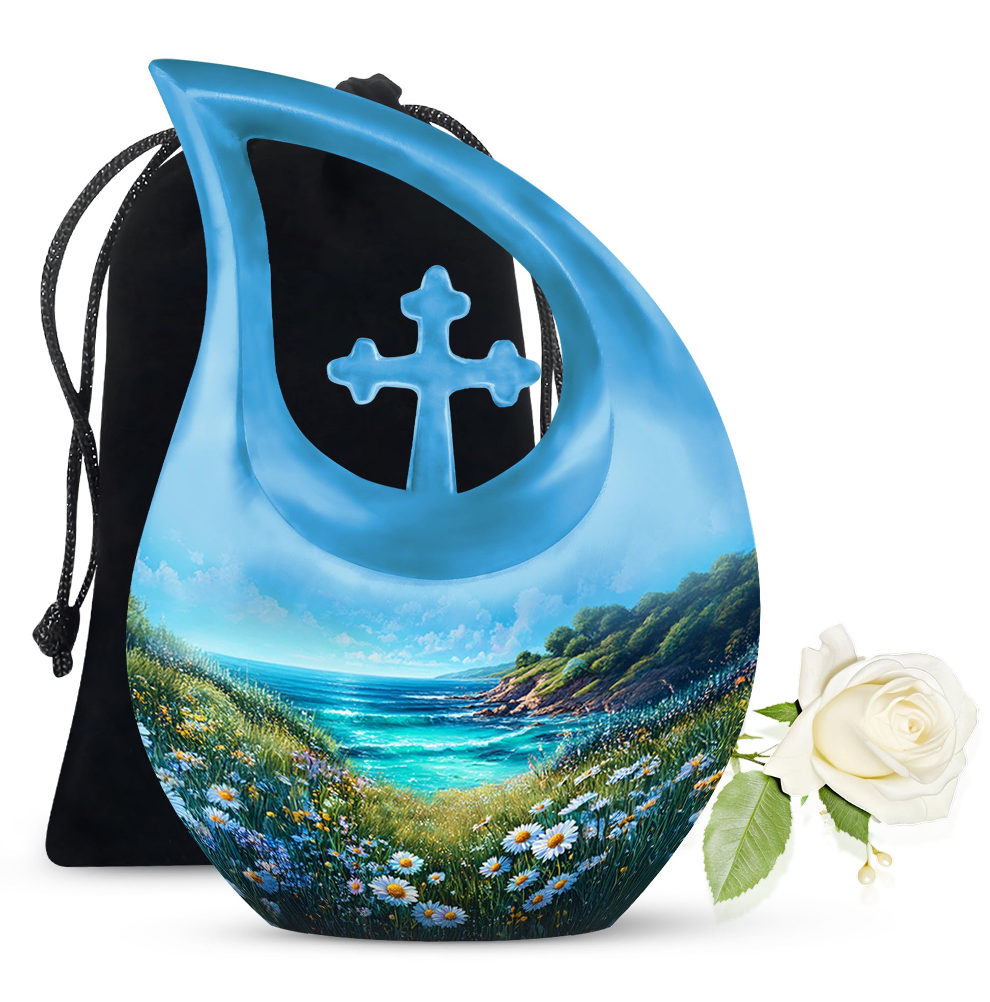 Powder Blue Daisy Cremation Urn top-down view of secure threaded lid - cross and daisy combined in spiritual memorial design - full-size 10 inch 200 cubic inch adult cremation urn