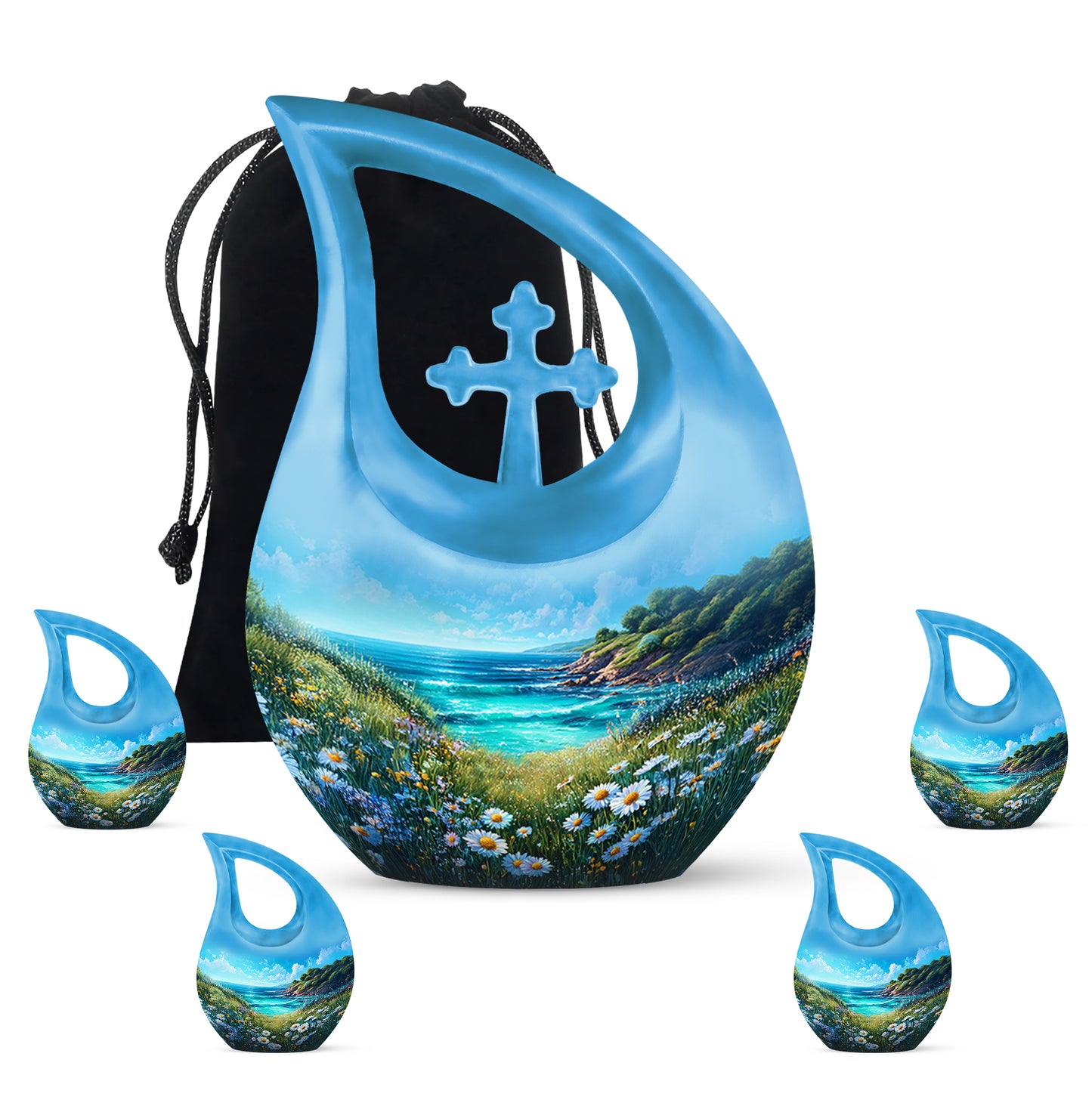 Steel Blue Daisy Cremation Urn urn with complimentary velvet bag - faith-inspired cross-drop urn with daisy pattern - memorial set with one large and four small urns