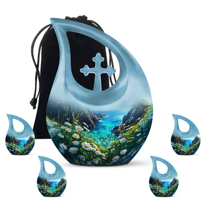Slate Blue Daisy Cremation Urn urn with complimentary velvet bag - cross and daisy combined in spiritual memorial design - memorial set with one large and four small urns