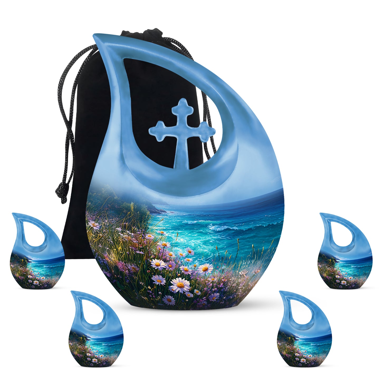 Soft Blue Daisy Cremation Urn urn with complimentary velvet bag - devotional cross-drop daisy engraving - memorial set with one large and four small urns