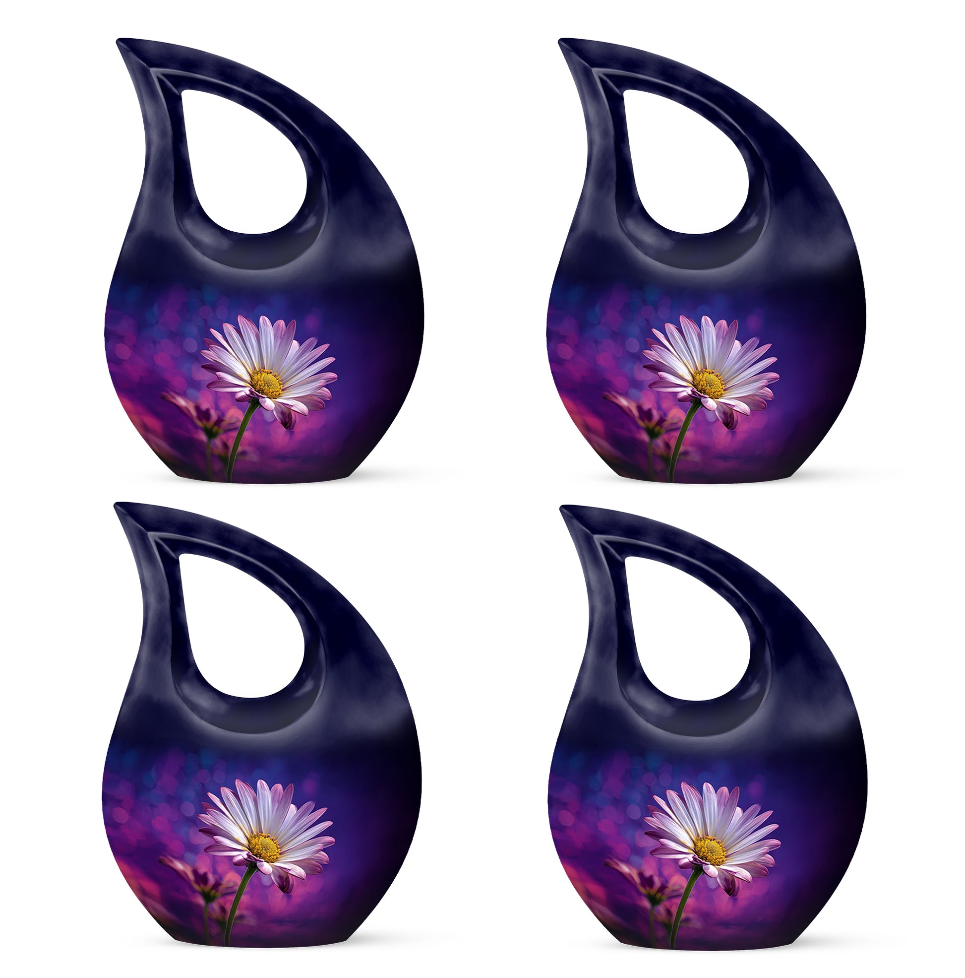 Twilight Blue Daisy Cremation Urn lifestyle display on memorial shelf - faith-inspired cross-drop urn with daisy pattern - 10 inch aluminum urn for cremated remains