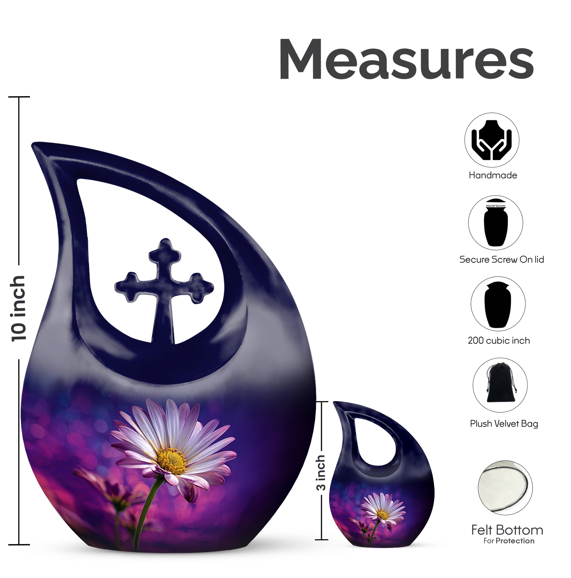 Celestial Blue Daisy Cremation Urn back view with polished surface - sacred cross merged with daisy motif on metal - mini keepsake memorial for portion of cremation ashes