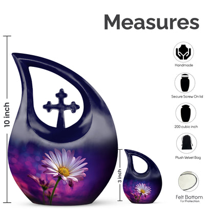 Celestial Blue Daisy Cremation Urn back view with polished surface - sacred cross merged with daisy motif on metal - mini keepsake memorial for portion of cremation ashes