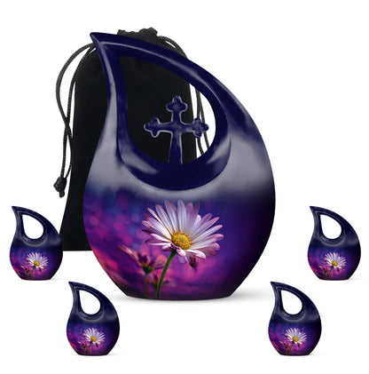 Steel Blue Daisy Cremation Urn urn with complimentary velvet bag - devotional cross-drop daisy engraving - memorial set with one large and four small urns