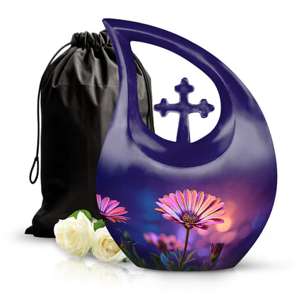 Cornflower Blue Daisy Cremation Urn top-down view of secure threaded lid - devotional cross-drop daisy engraving - full-size 10 inch 200 cubic inch adult cremation urn