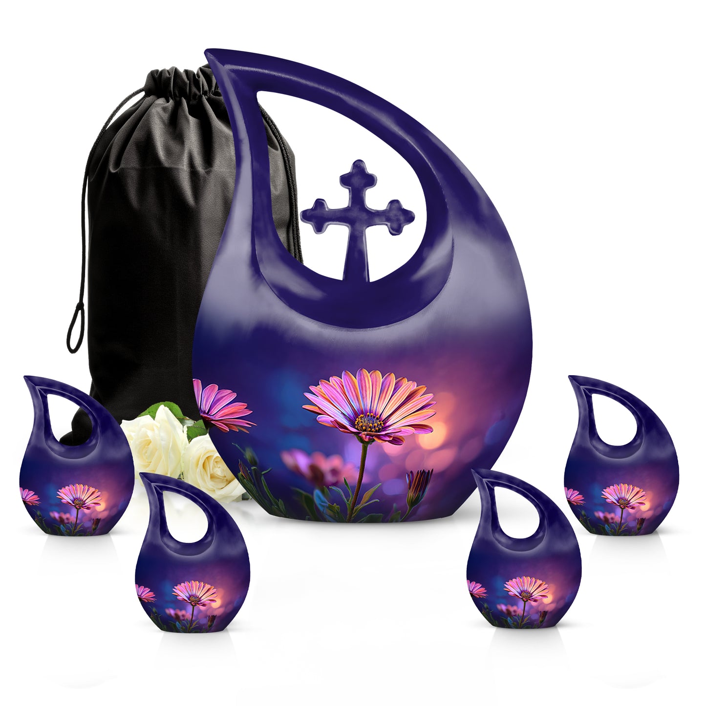 Celestial Blue Daisy Cremation Urn urn with complimentary velvet bag - sacred cross merged with daisy motif on metal - memorial set with one large and four small urns