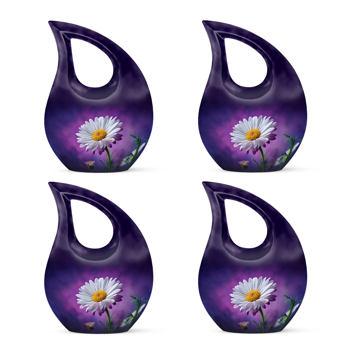 Royal Purple Daisy Cremation Urn lifestyle display on memorial shelf - devotional cross-drop daisy engraving - 10 inch aluminum urn for cremated remains