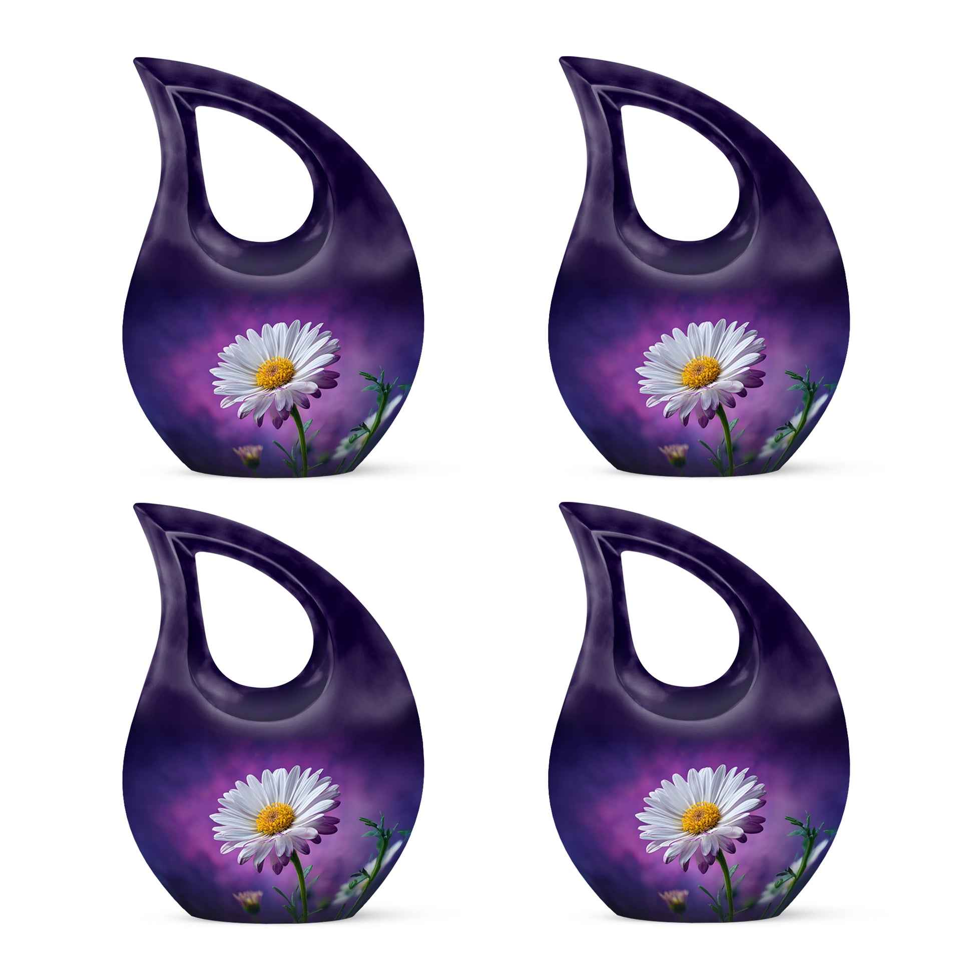 Royal Purple Daisy Cremation Urn lifestyle display on memorial shelf - devotional cross-drop daisy engraving - 10 inch aluminum urn for cremated remains