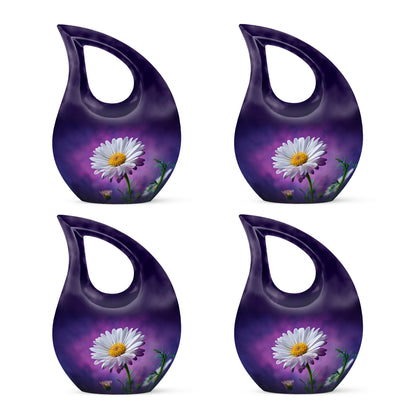 Royal Purple Daisy Cremation Urn lifestyle display on memorial shelf - devotional cross-drop daisy engraving - 10 inch aluminum urn for cremated remains