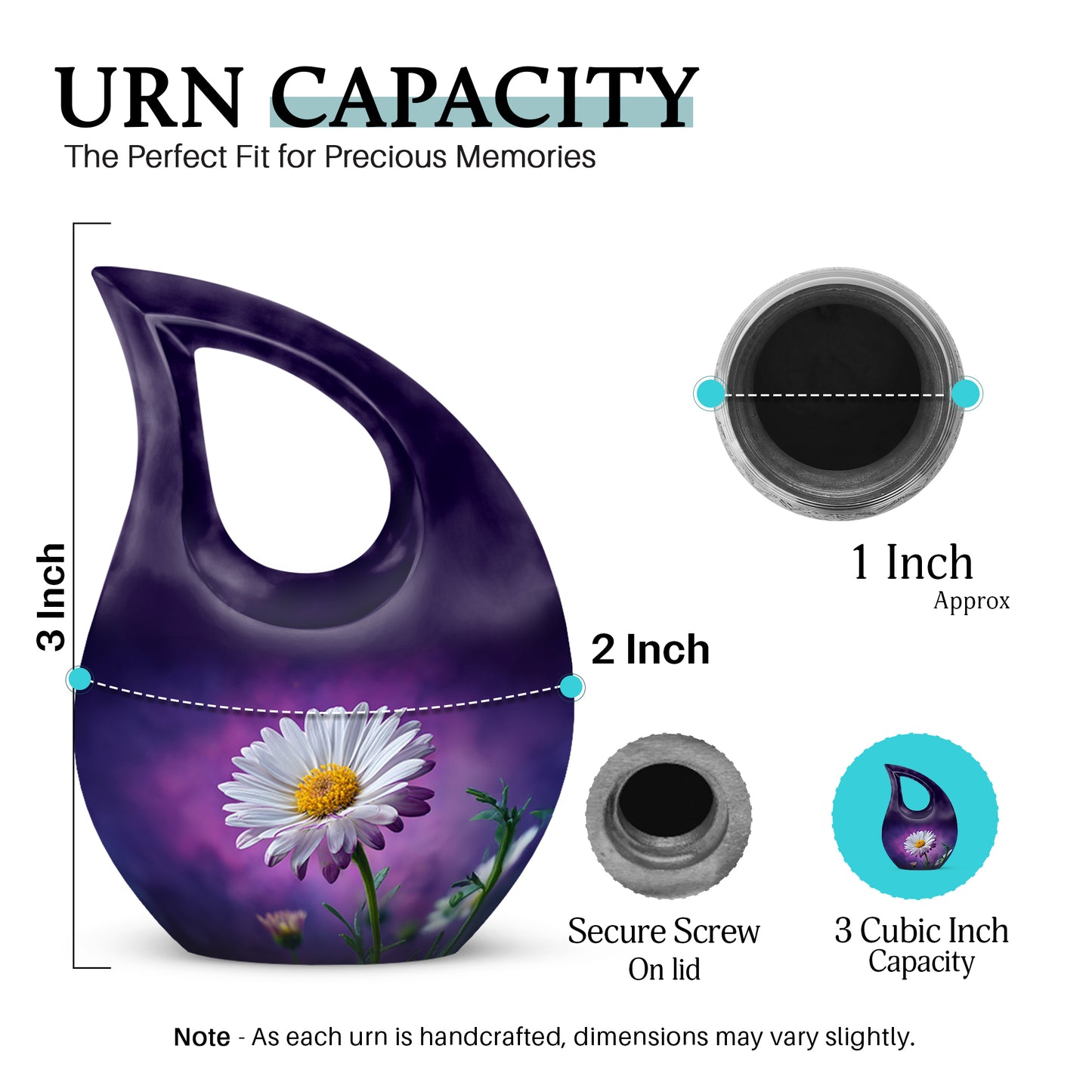 Grape Purple Daisy Cremation Urn back view with polished surface - faith-inspired cross-drop urn with daisy pattern - mini keepsake memorial for portion of cremation ashes