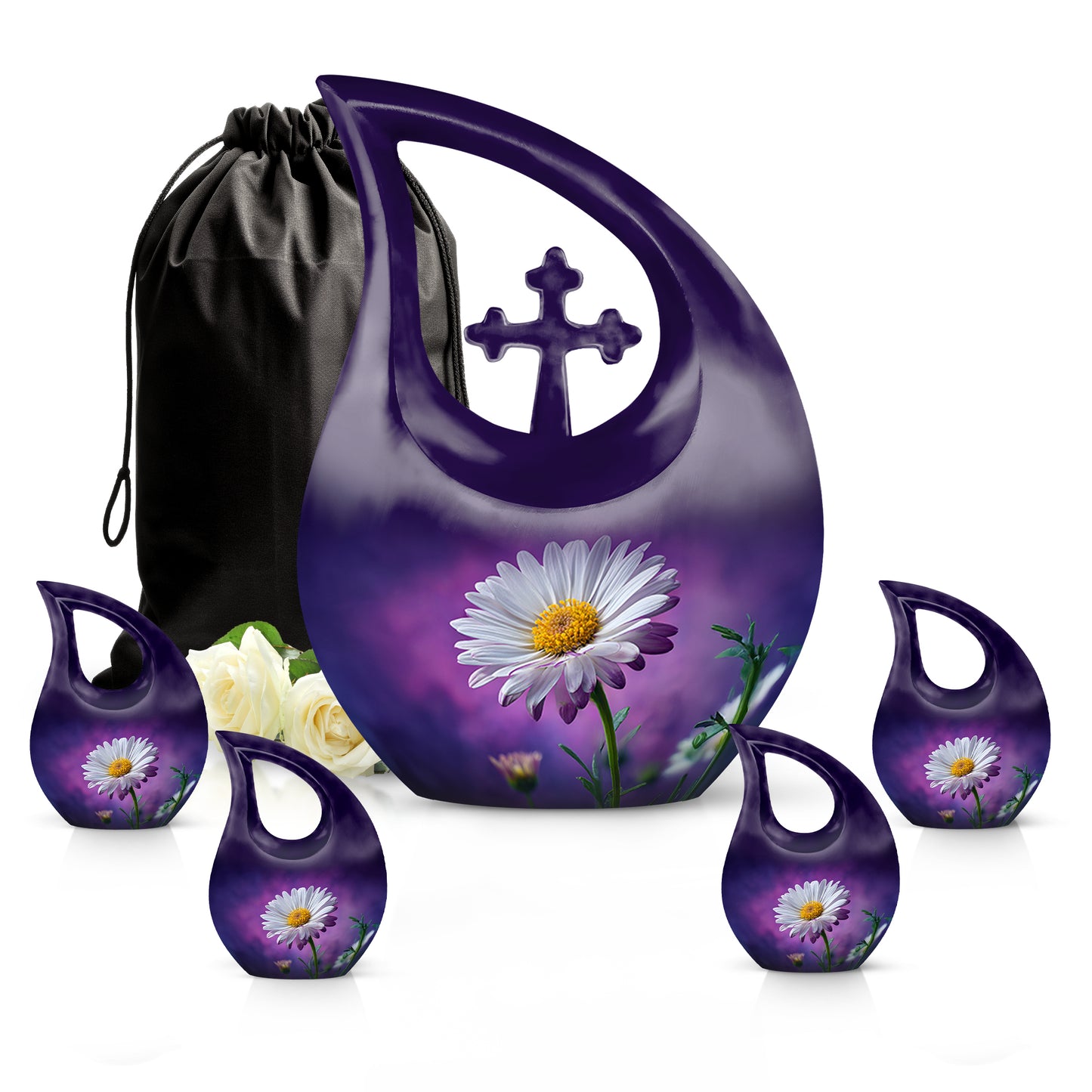 Plum Purple Daisy Cremation Urn urn with complimentary velvet bag - cross and daisy combined in spiritual memorial design - memorial set with one large and four small urns