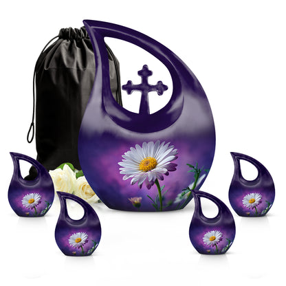 Plum Purple Daisy Cremation Urn urn with complimentary velvet bag - cross and daisy combined in spiritual memorial design - memorial set with one large and four small urns