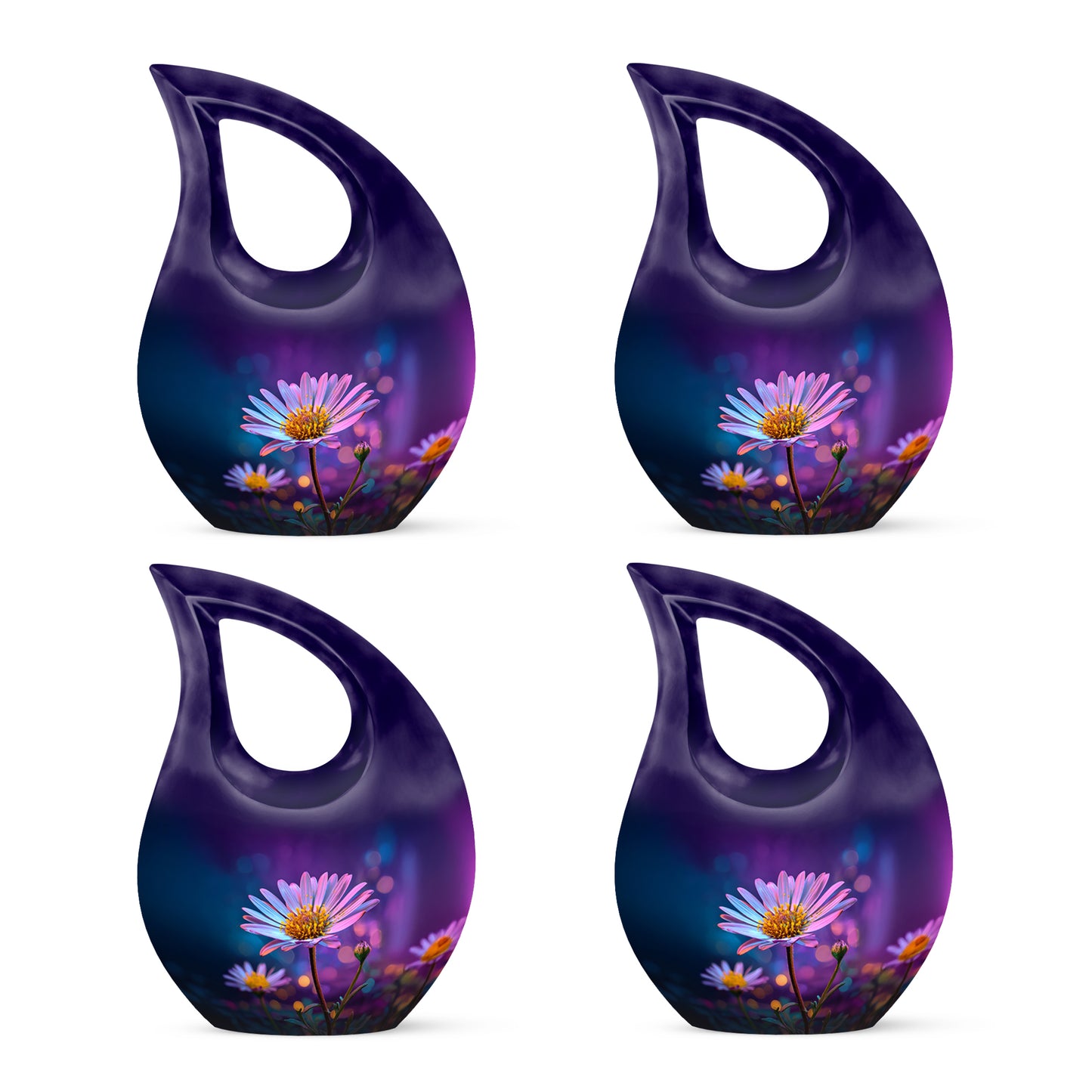 Twilight Purple Daisy Cremation Urn lifestyle display on memorial shelf - devotional cross-drop daisy engraving - 10 inch aluminum urn for cremated remains