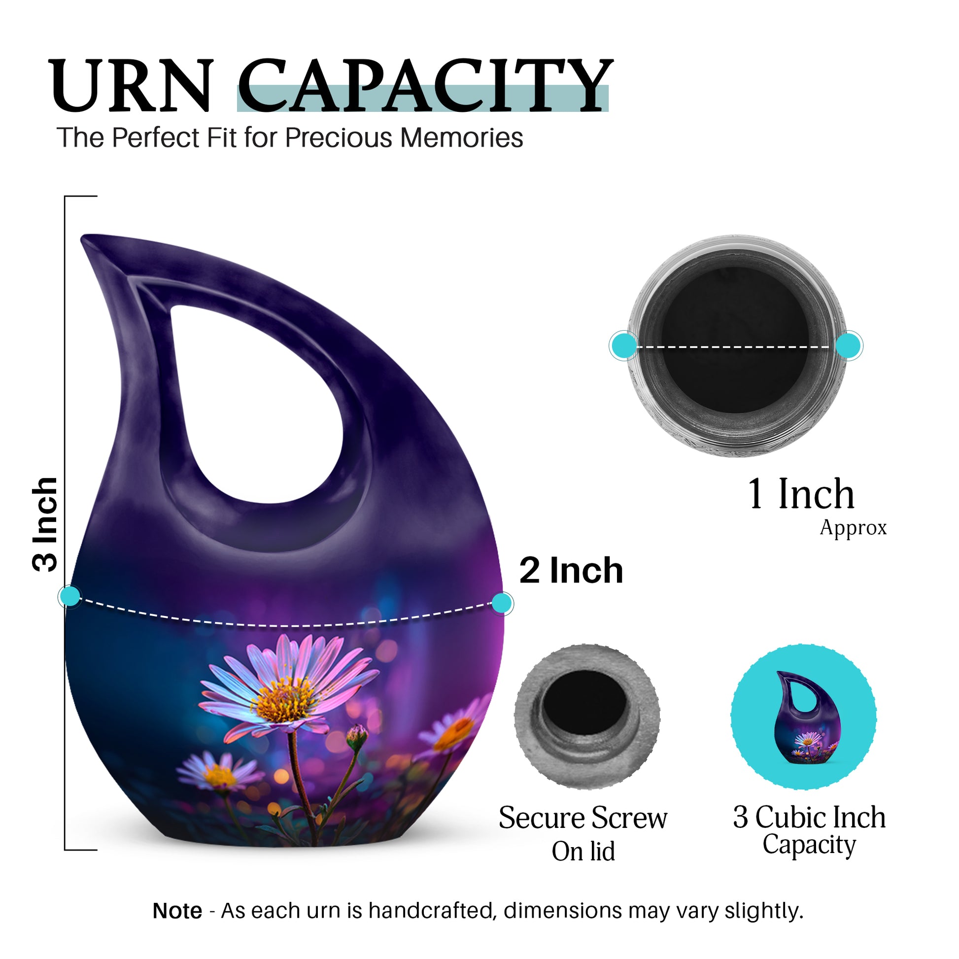 Twilight Purple Daisy Cremation Urn back view with polished surface - devotional cross-drop daisy engraving - mini keepsake memorial for portion of cremation ashes