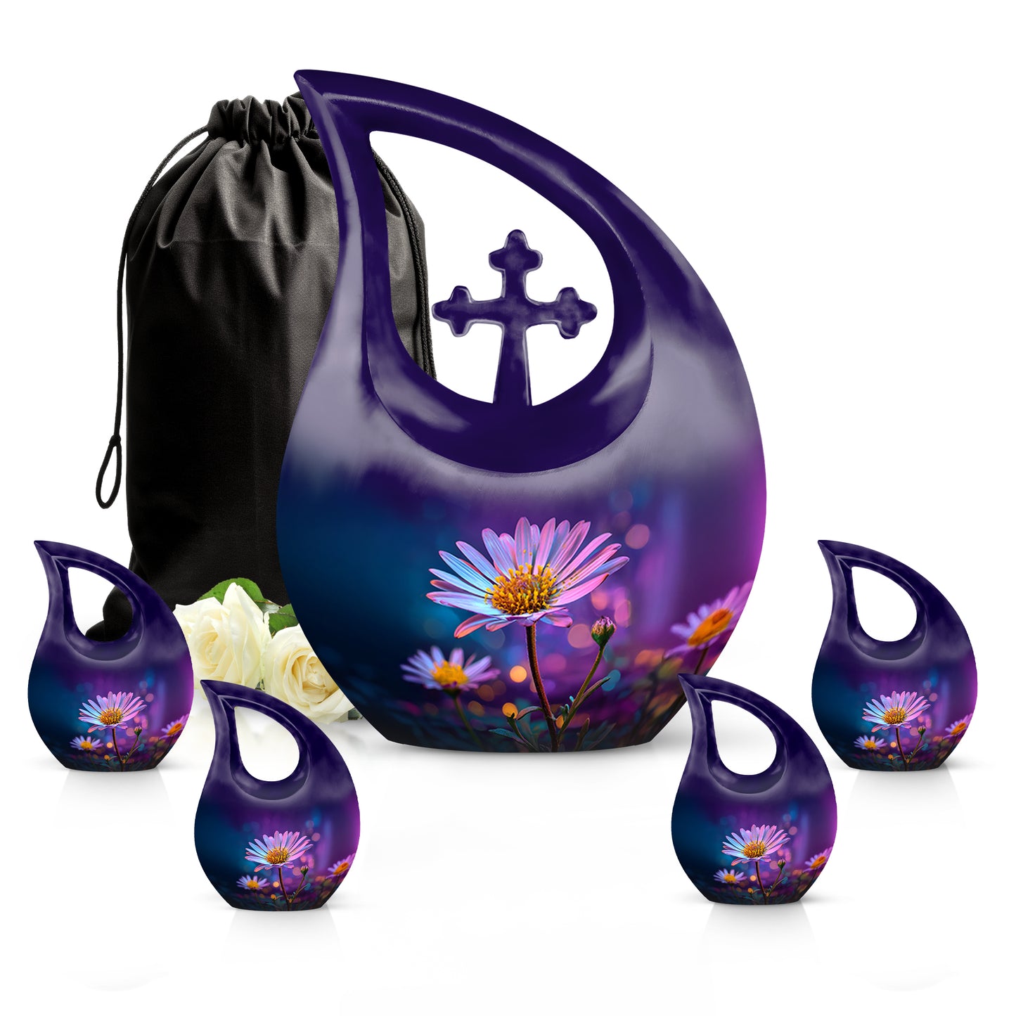 Majestic Purple Daisy Cremation Urn urn with complimentary velvet bag - cross and daisy combined in spiritual memorial design - memorial set with one large and four small urns