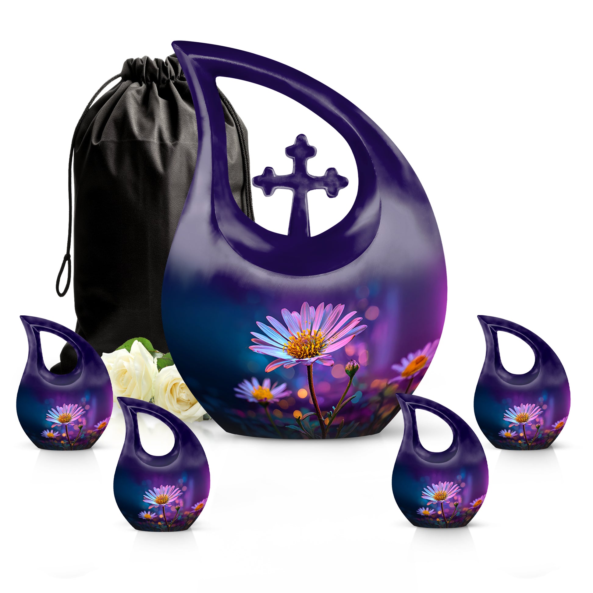 Majestic Purple Daisy Cremation Urn urn with complimentary velvet bag - cross and daisy combined in spiritual memorial design - memorial set with one large and four small urns
