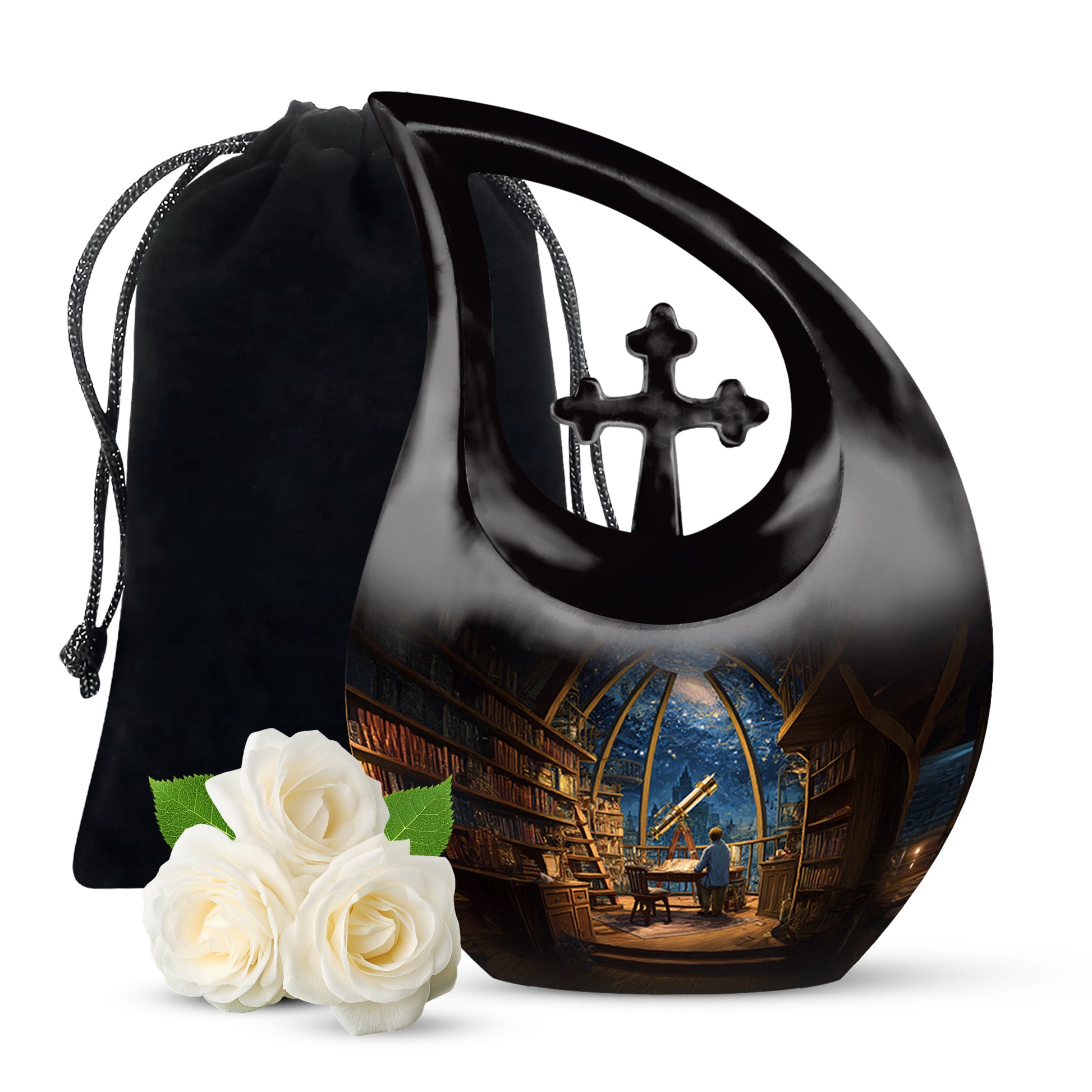 Navy Blue Angel Cremation Urn detail view angle 13 - cross and angel combined in spiritual memorial design - full-size 10 inch 200 cubic inch adult cremation urn
