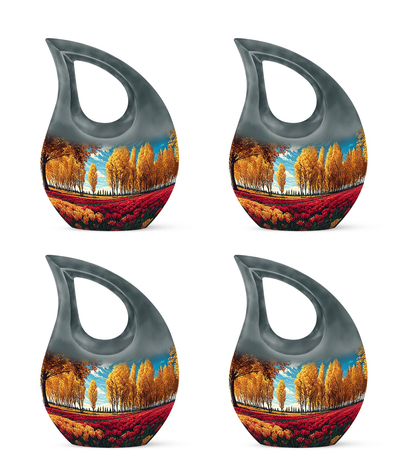 Tropical Teal Garden Tulip Cremation Urn lifestyle display on memorial shelf - devotional cross-drop garden tulip engraving - 10 inch aluminum urn for cremated remains