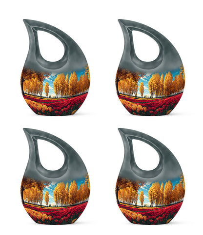 Tropical Teal Garden Tulip Cremation Urn lifestyle display on memorial shelf - devotional cross-drop garden tulip engraving - 10 inch aluminum urn for cremated remains