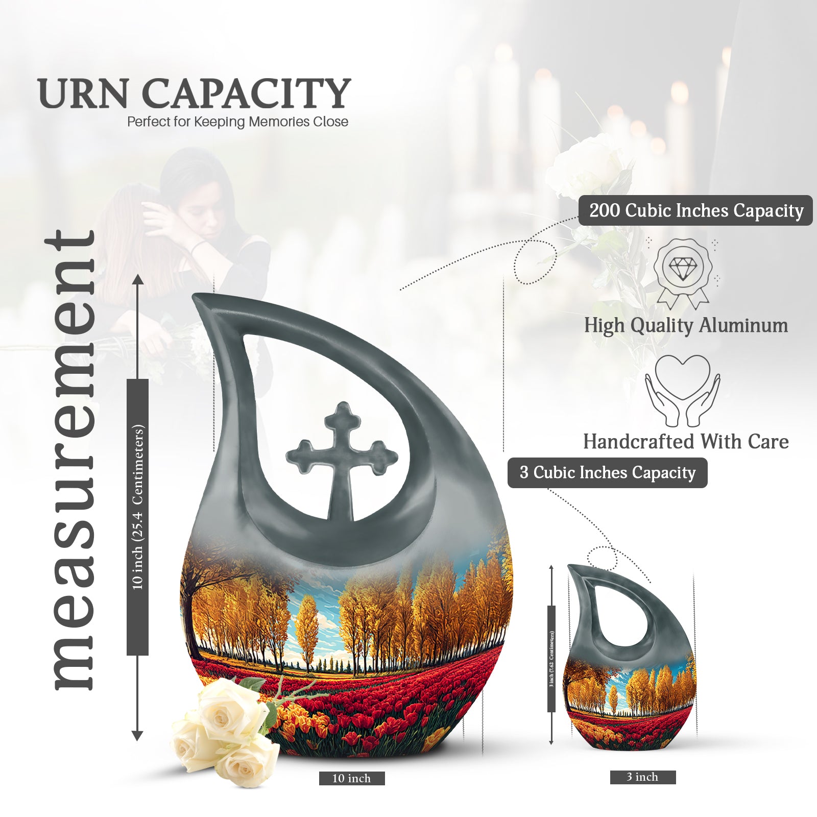 Cool Teal Garden Tulip Cremation Urn back view with polished surface - cross and garden tulip combined in spiritual memorial design - mini keepsake memorial for portion of cremation ashes