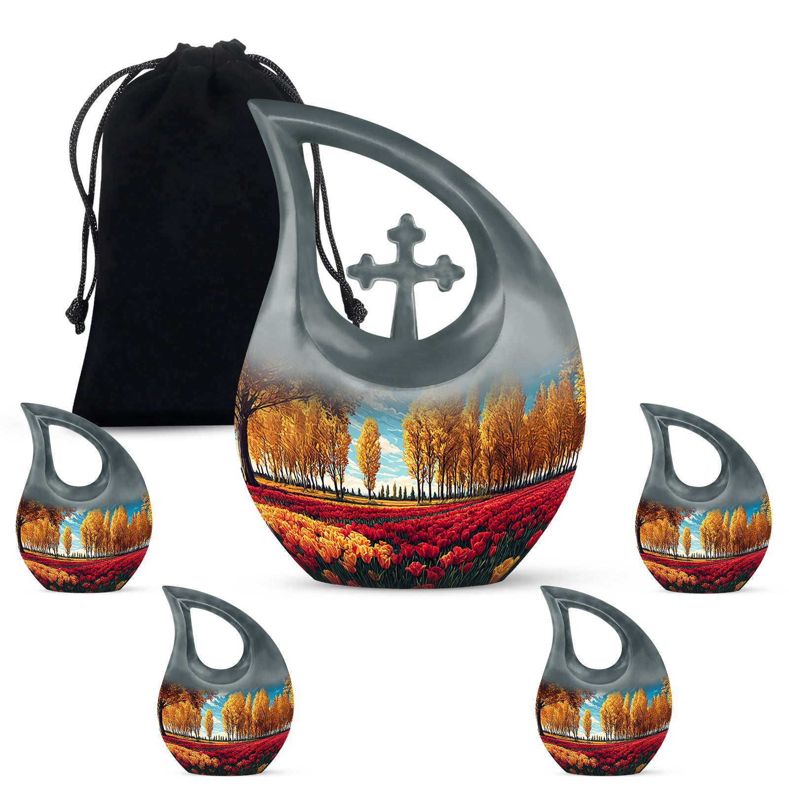 Sea Green Teal Garden Tulip Cremation Urn urn with complimentary velvet bag - sacred cross merged with garden tulip motif on metal - memorial set with one large and four small urns