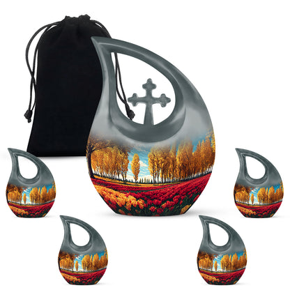 Sea Green Teal Garden Tulip Cremation Urn urn with complimentary velvet bag - sacred cross merged with garden tulip motif on metal - memorial set with one large and four small urns