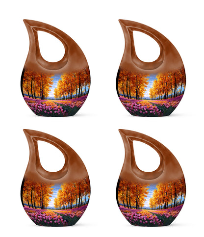 Royal Gold Garden Tulip Cremation Urn lifestyle display on memorial shelf - faith-inspired cross-drop urn with garden tulip pattern - 10 inch aluminum urn for cremated remains