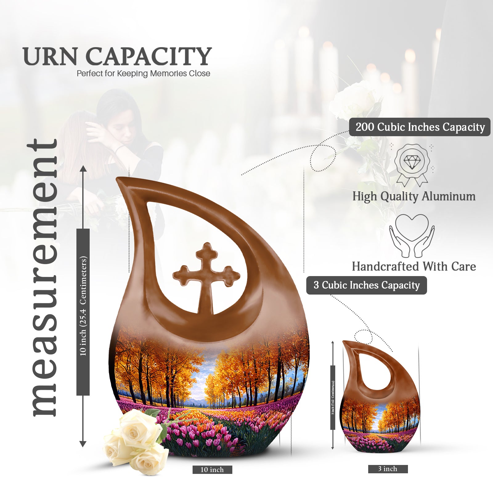 Harvest Gold Garden Tulip Cremation Urn back view with polished surface - devotional cross-drop garden tulip engraving - mini keepsake memorial for portion of cremation ashes