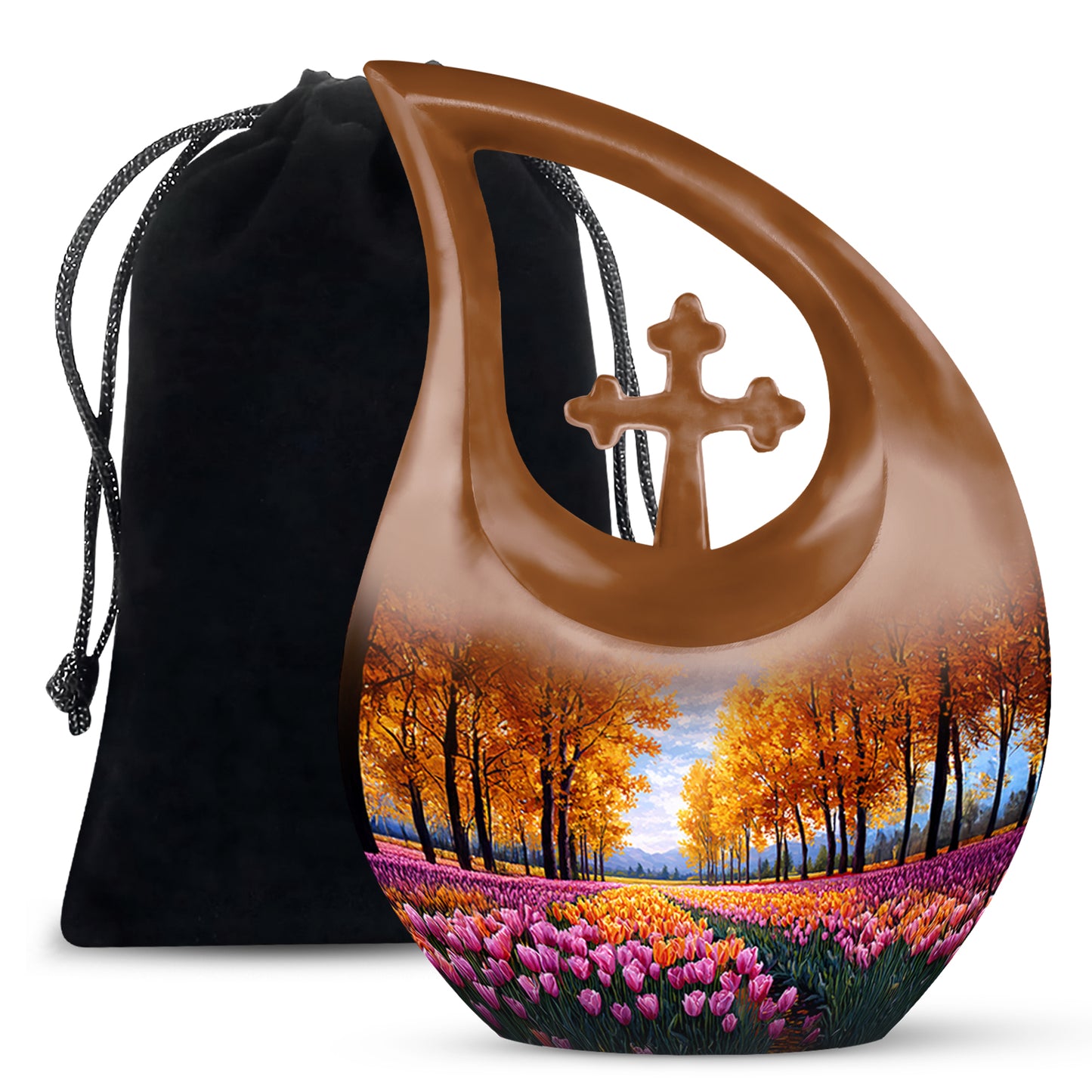 Royal Gold Garden Tulip Cremation Urn top-down view of secure threaded lid - faith-inspired cross-drop urn with garden tulip pattern - full-size 10 inch 200 cubic inch adult cremation urn