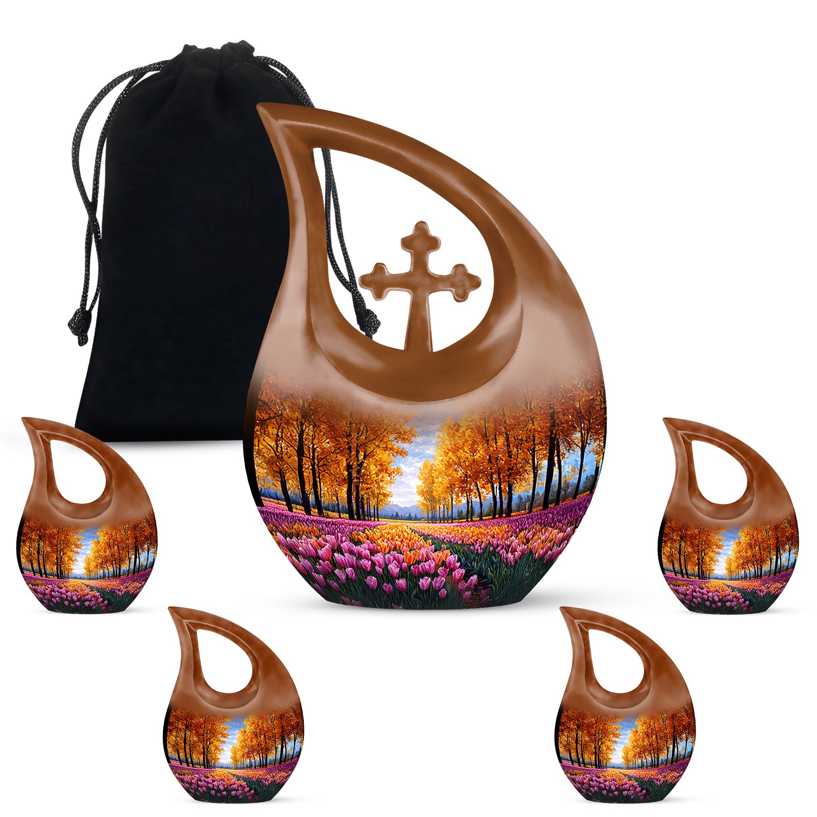 Amber Gold Garden Tulip Cremation Urn urn with complimentary velvet bag - sacred cross merged with garden tulip motif on metal - memorial set with one large and four small urns