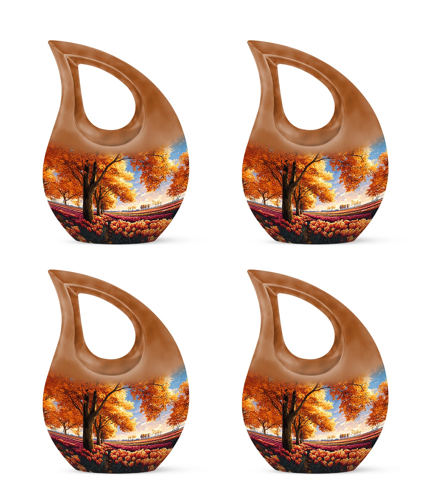 Warm Gold Garden Tulip Cremation Urn lifestyle display on memorial shelf - faith-inspired cross-drop urn with garden tulip pattern - 10 inch aluminum urn for cremated remains