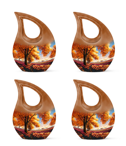 Warm Gold Garden Tulip Cremation Urn lifestyle display on memorial shelf - faith-inspired cross-drop urn with garden tulip pattern - 10 inch aluminum urn for cremated remains