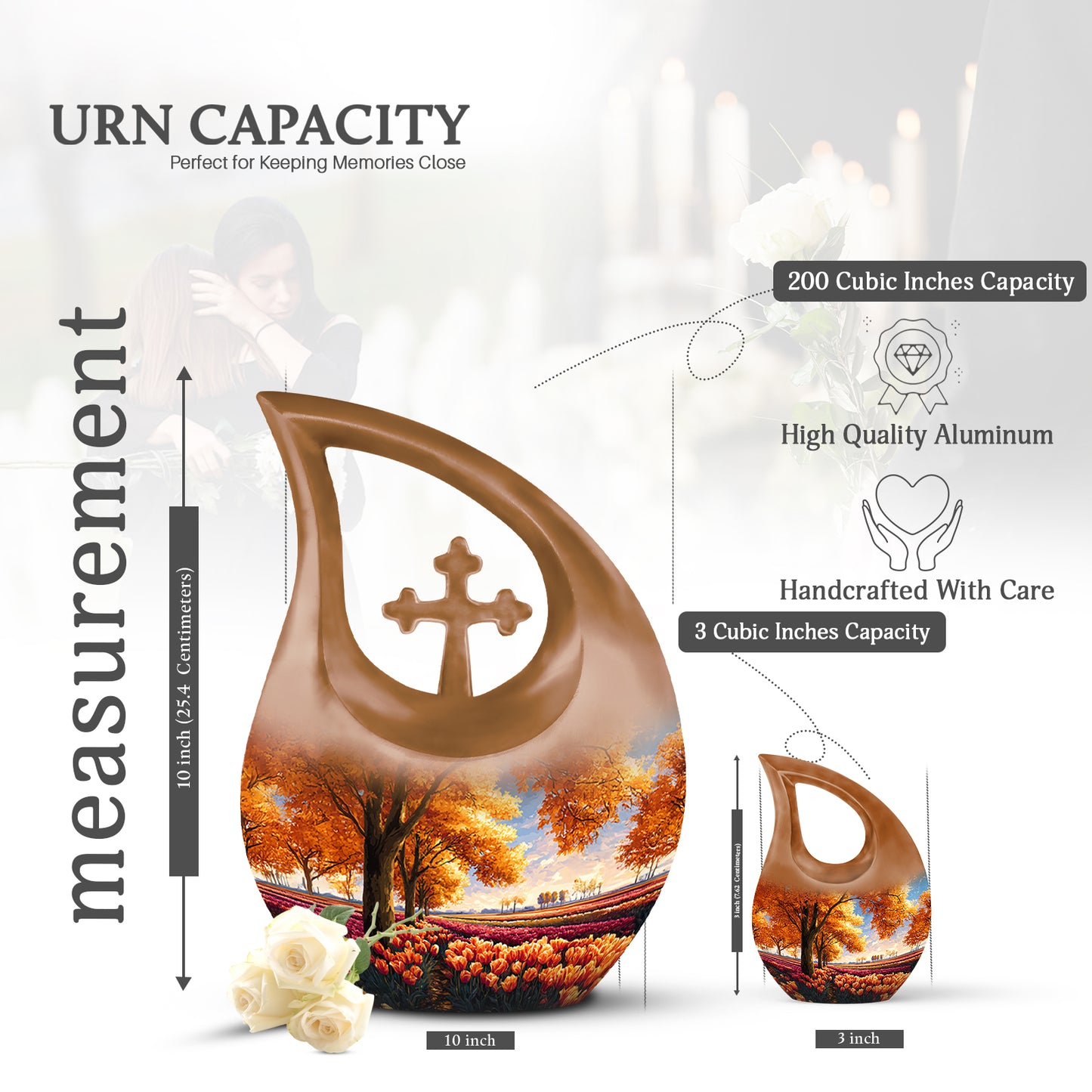 Antique Gold Garden Tulip Cremation Urn back view with polished surface - cross and garden tulip combined in spiritual memorial design - mini keepsake memorial for portion of cremation ashes