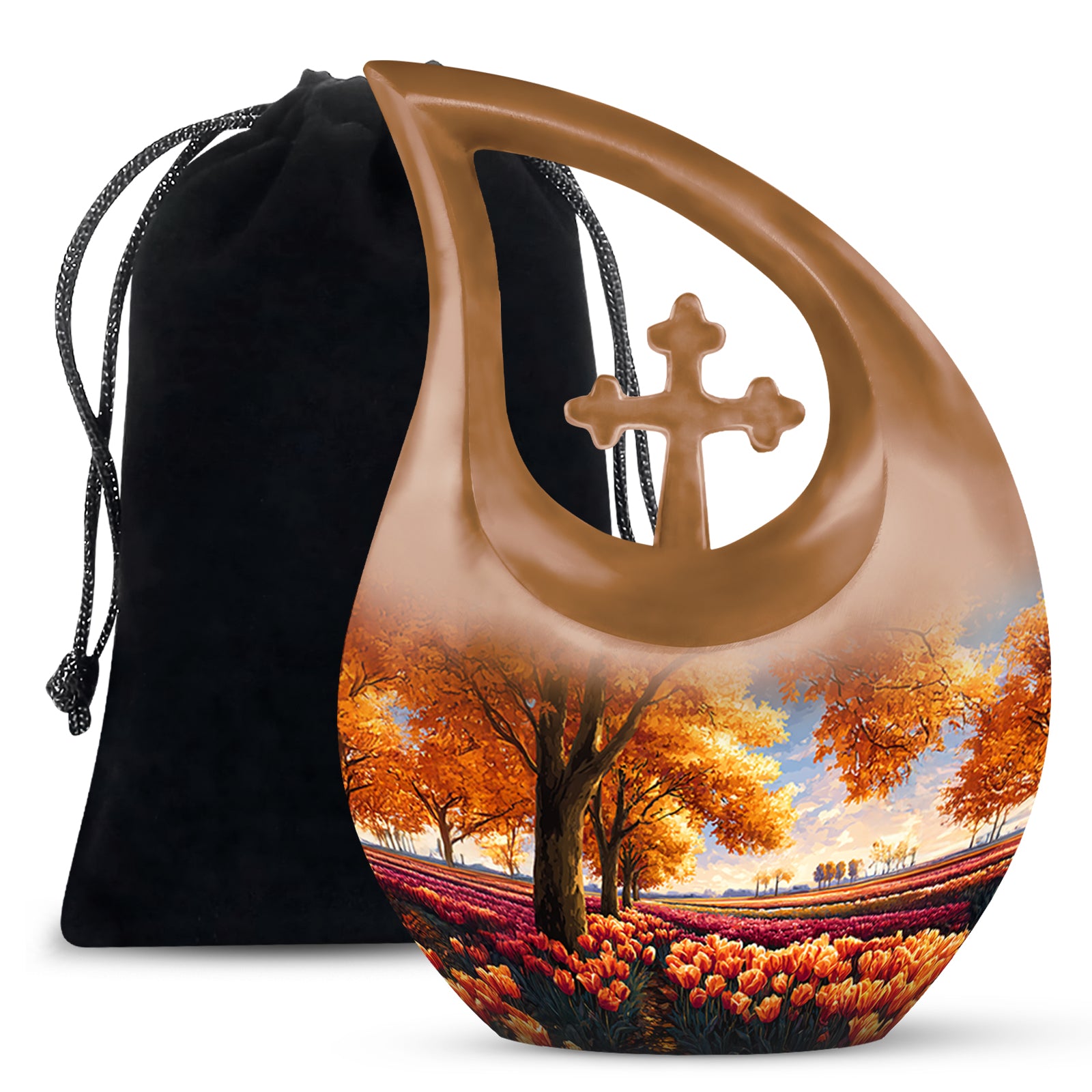 Royal Gold Garden Tulip Cremation Urn top-down view of secure threaded lid - devotional cross-drop garden tulip engraving - full-size 10 inch 200 cubic inch adult cremation urn