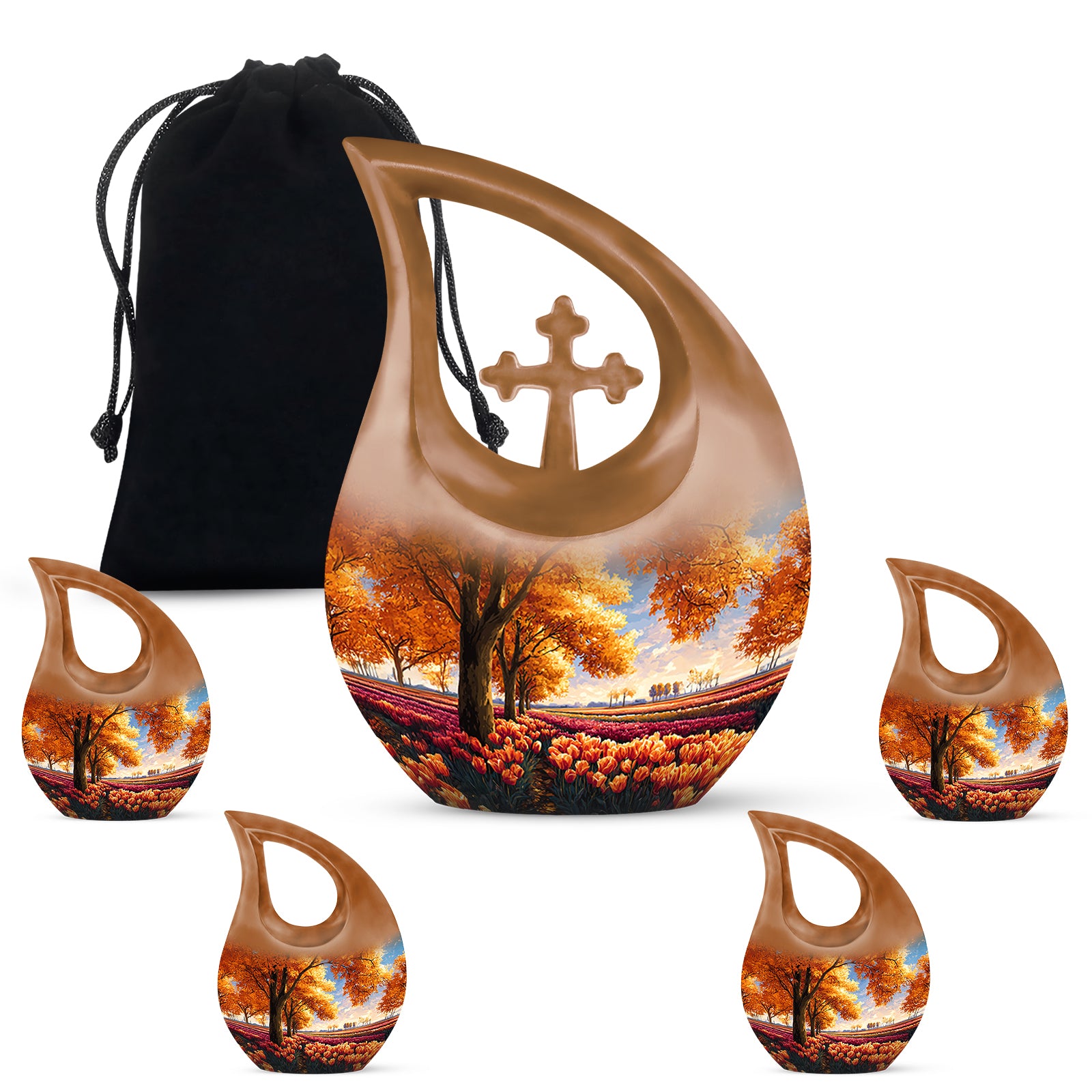 Harvest Gold Garden Tulip Cremation Urn urn with complimentary velvet bag - faith-inspired cross-drop urn with garden tulip pattern - memorial set with one large and four small urns