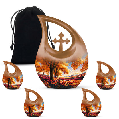 Harvest Gold Garden Tulip Cremation Urn urn with complimentary velvet bag - faith-inspired cross-drop urn with garden tulip pattern - memorial set with one large and four small urns