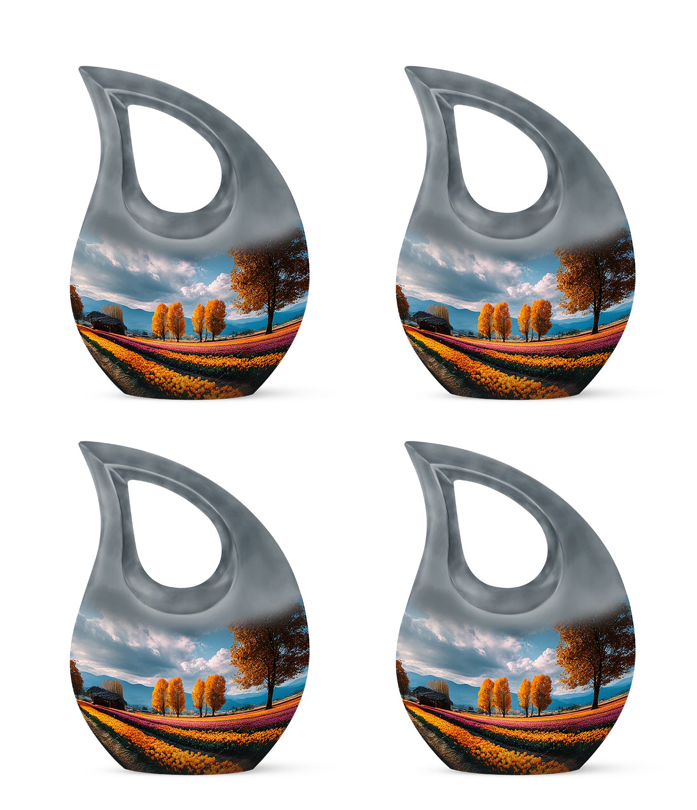Icy Blue Garden Tulip Cremation Urn lifestyle display on memorial shelf - cross and garden tulip combined in spiritual memorial design - 10 inch aluminum urn for cremated remains