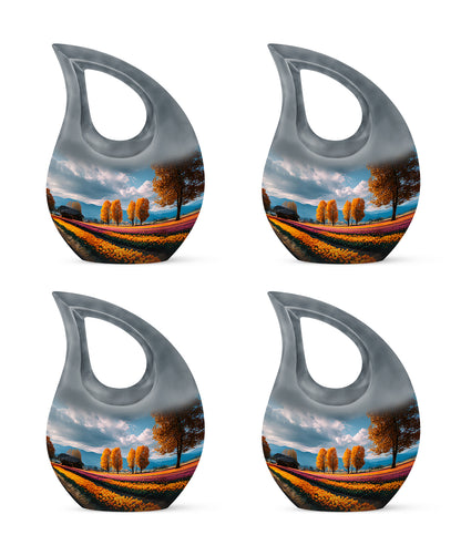 Icy Blue Garden Tulip Cremation Urn lifestyle display on memorial shelf - cross and garden tulip combined in spiritual memorial design - 10 inch aluminum urn for cremated remains