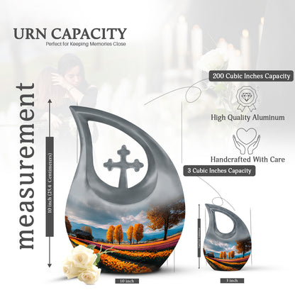 Royal Blue Garden Tulip Cremation Urn back view with polished surface - devotional cross-drop garden tulip engraving - mini keepsake memorial for portion of cremation ashes