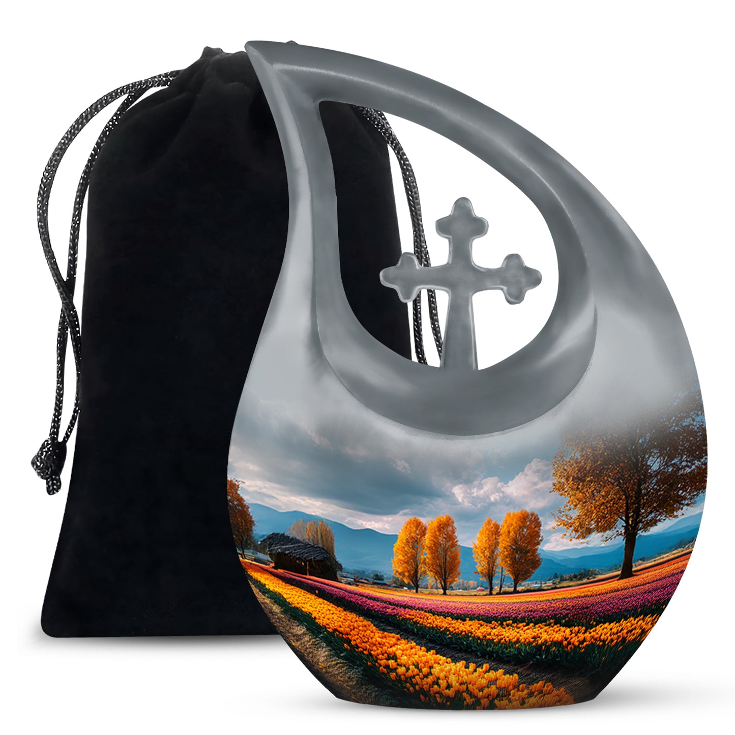 Navy Blue Garden Tulip Cremation Urn top-down view of secure threaded lid - sacred cross merged with garden tulip motif on metal - full-size 10 inch 200 cubic inch adult cremation urn