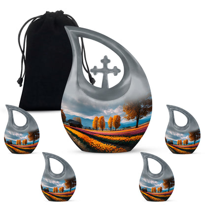 Indigo Garden Tulip Cremation Urn urn with complimentary velvet bag - cross and garden tulip combined in spiritual memorial design - memorial set with one large and four small urns